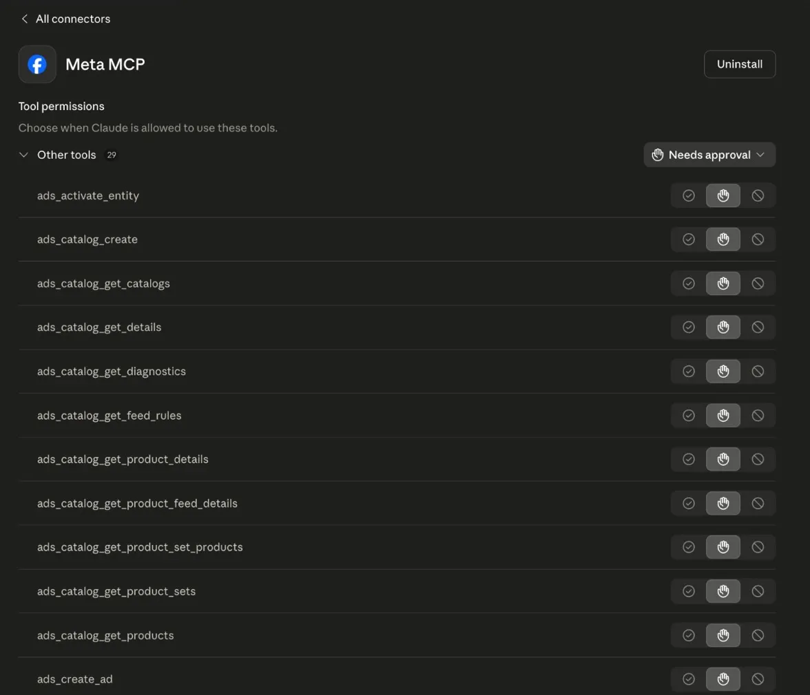 Meta MCP connector - seznam nástrojů dostupných přes Claude AI connector pro Meta Ads