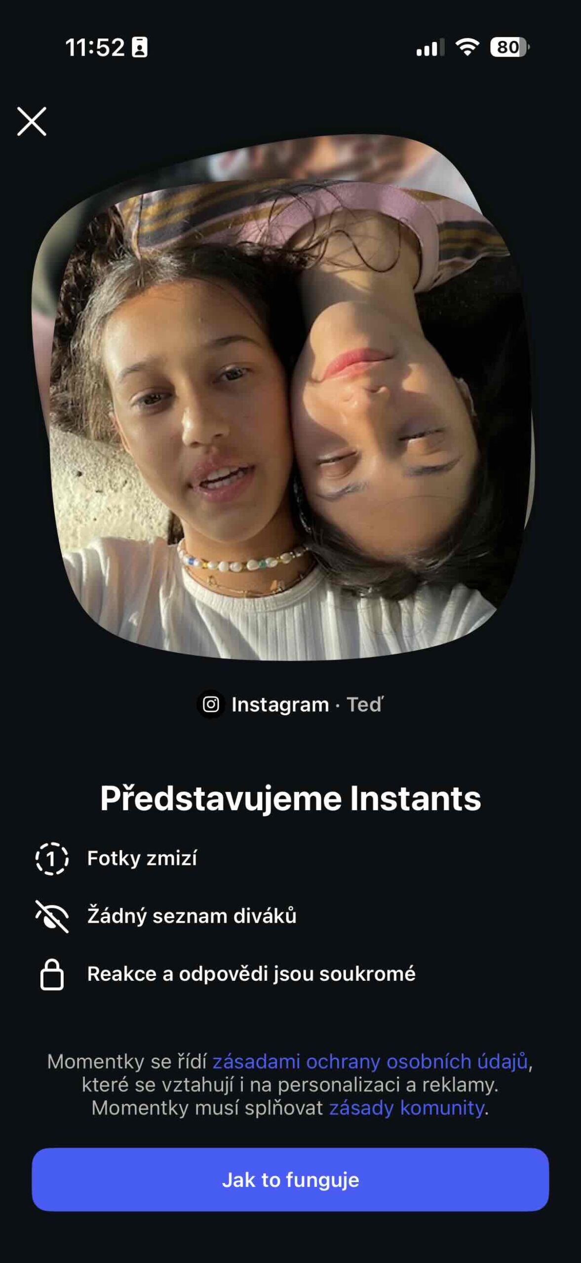 Instagram Instants - uvítací obrazovka s popisem funkce