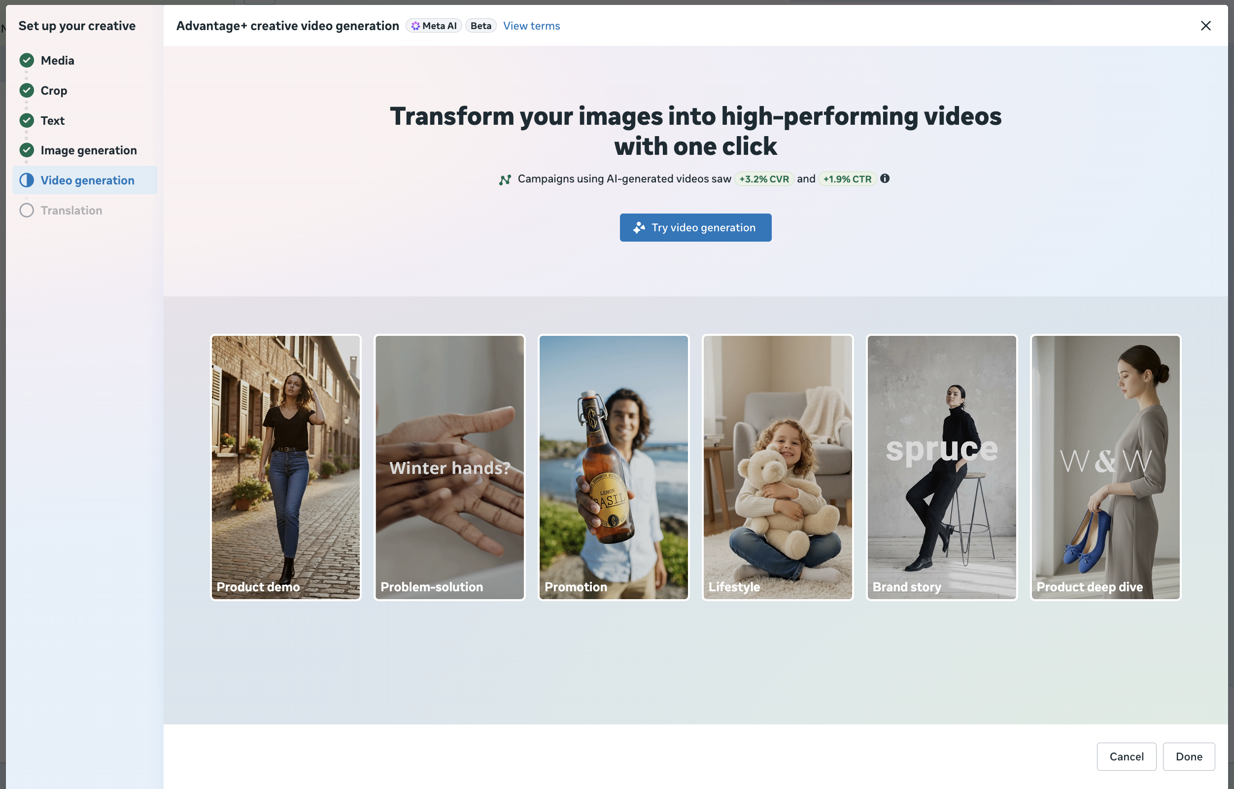 Meta Advantage+ creative video generation - výběr stylu videa v Ads Manageru
