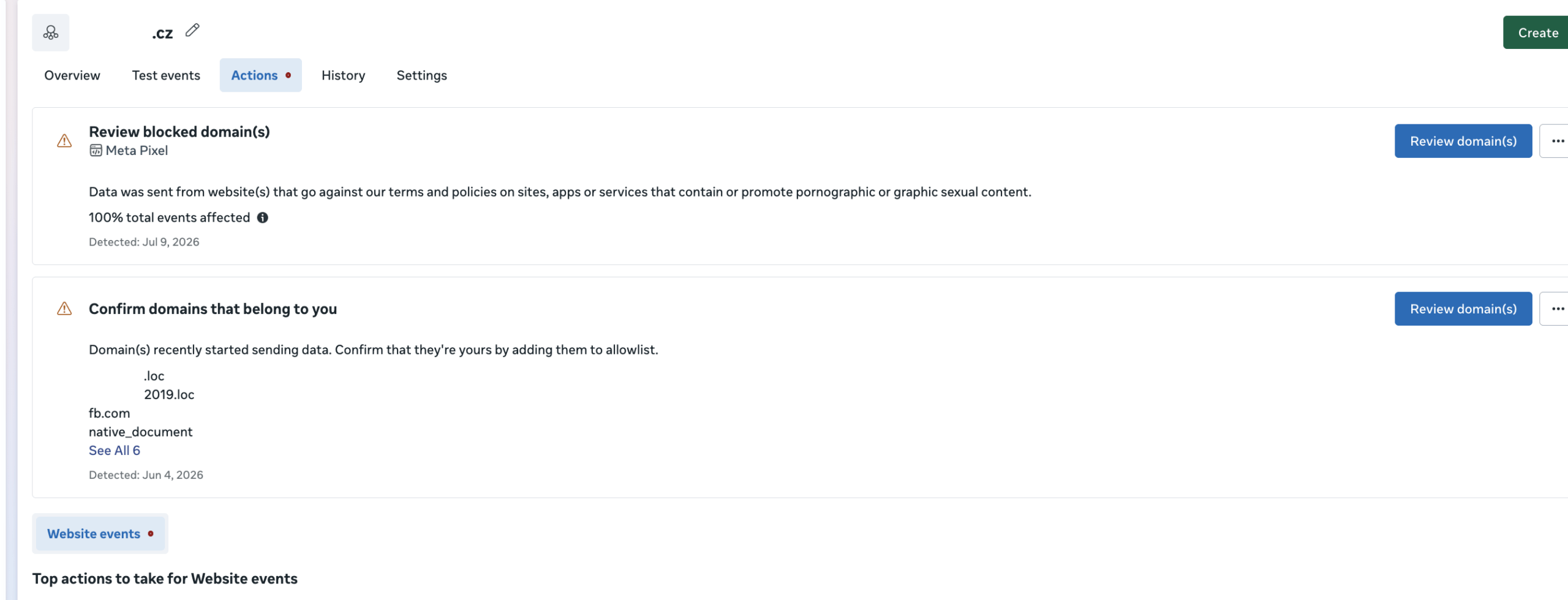 Events Manager - akce Review blocked domains a Confirm domains that belong to you