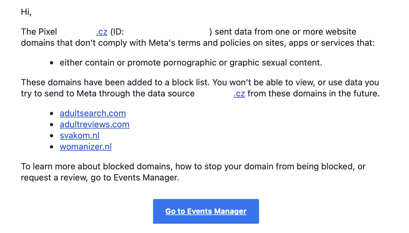 E-mail od Meta o zablokovaných doménách posílajících data do pixelu