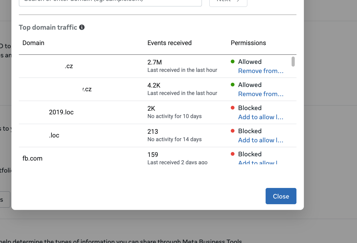 Nastavení allowlistu domén v Events Manageru - přehled Top domain traffic s povolenými a blokovanými doménami