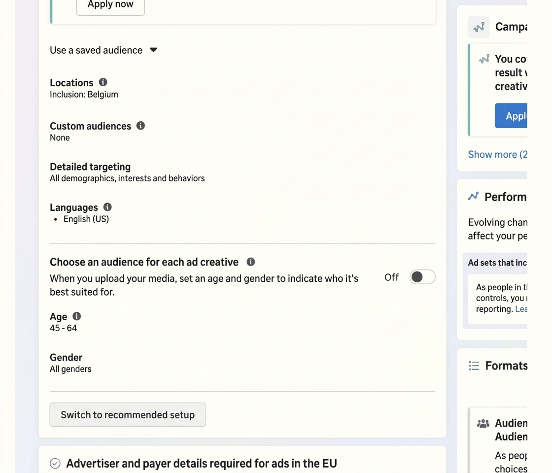 Nastavení Choose an audience for each ad creative na úrovni ad setu v Meta Ads Manageru