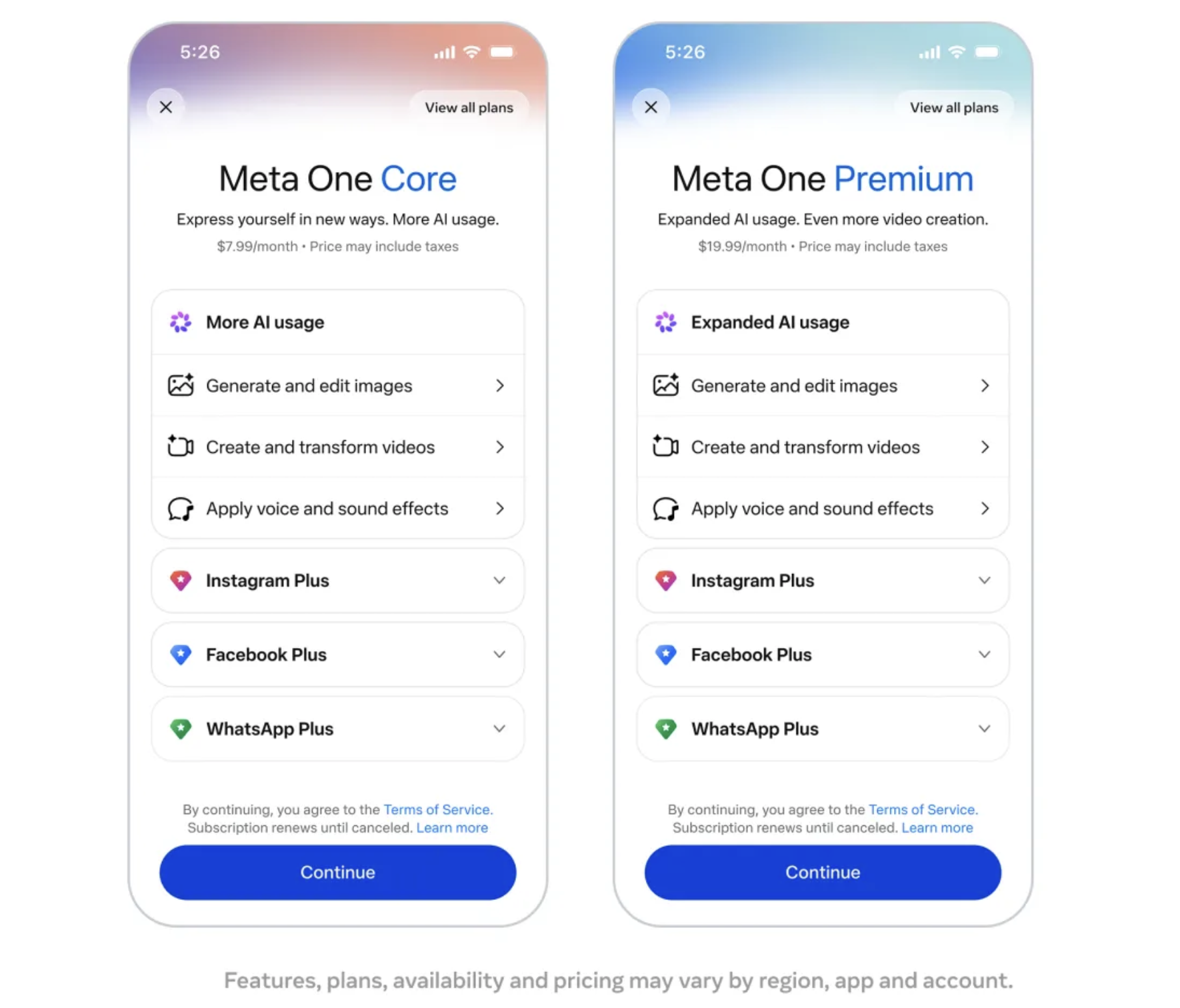 Tarify Meta One Core a Meta One Premium s přehledem funkcí